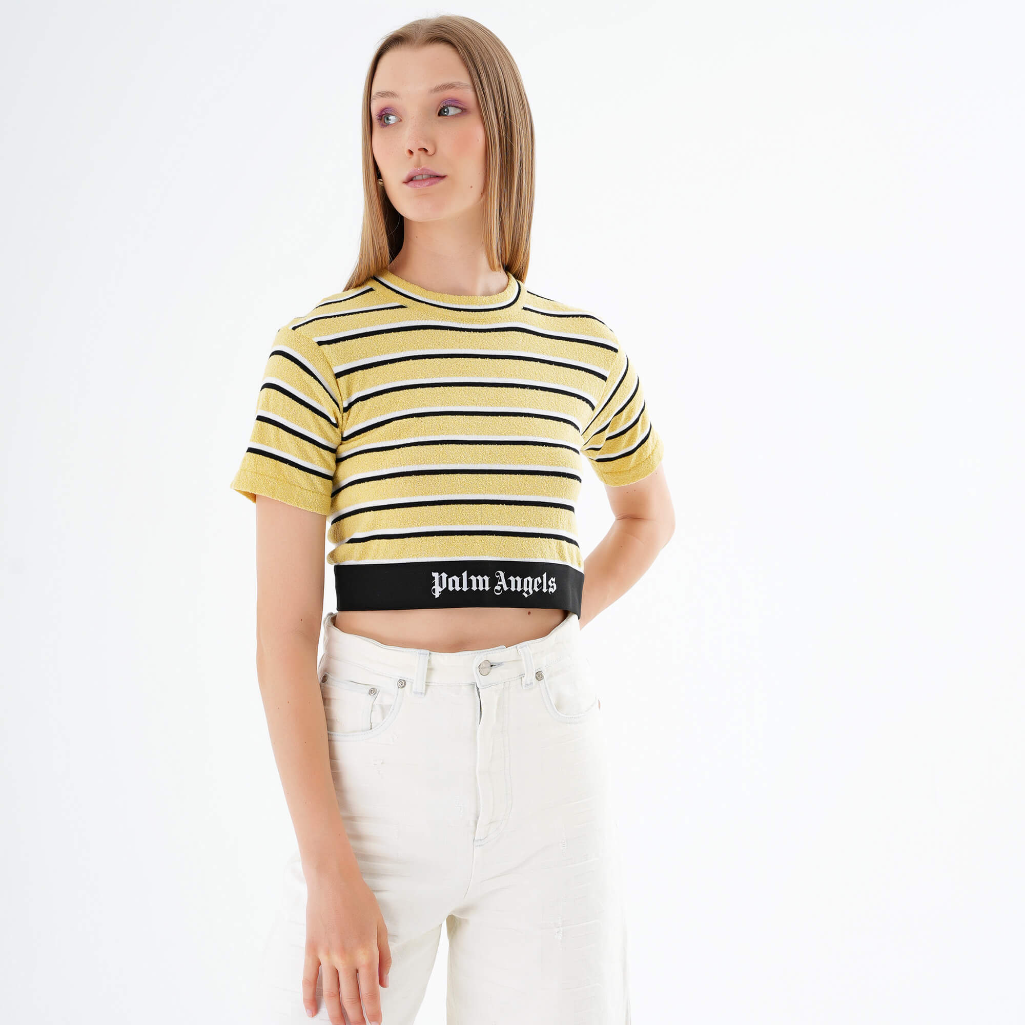 Palm Angels - Yellow & Black Stripe Knit Logo Tshirt M